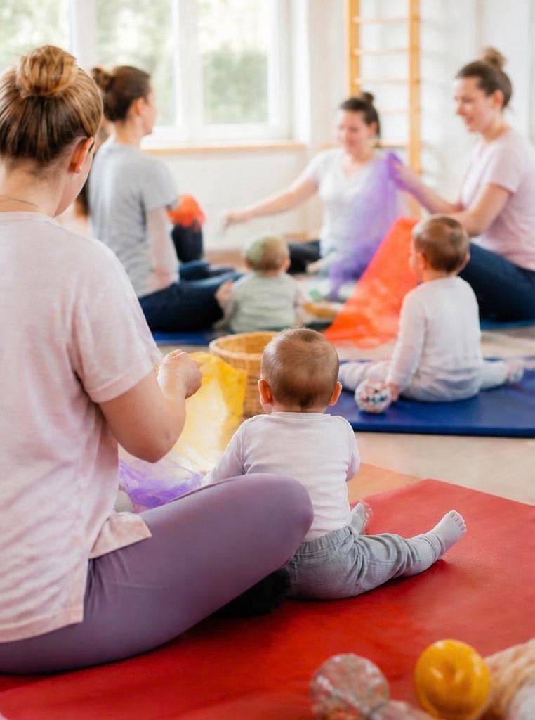 Mamas sitzen mit ihren Babys auf Matten und spielen mit bunten Tüchern