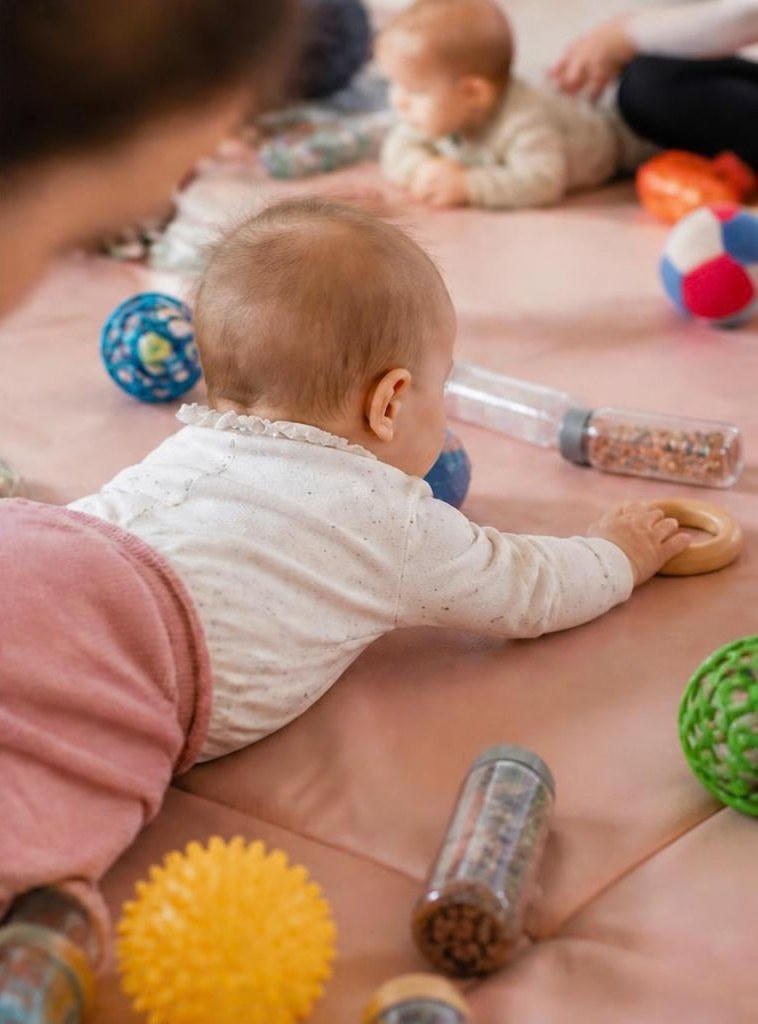 Baby greift auf der Krabbelmatte nach Spielzeug, daneben Sensorikflaschen